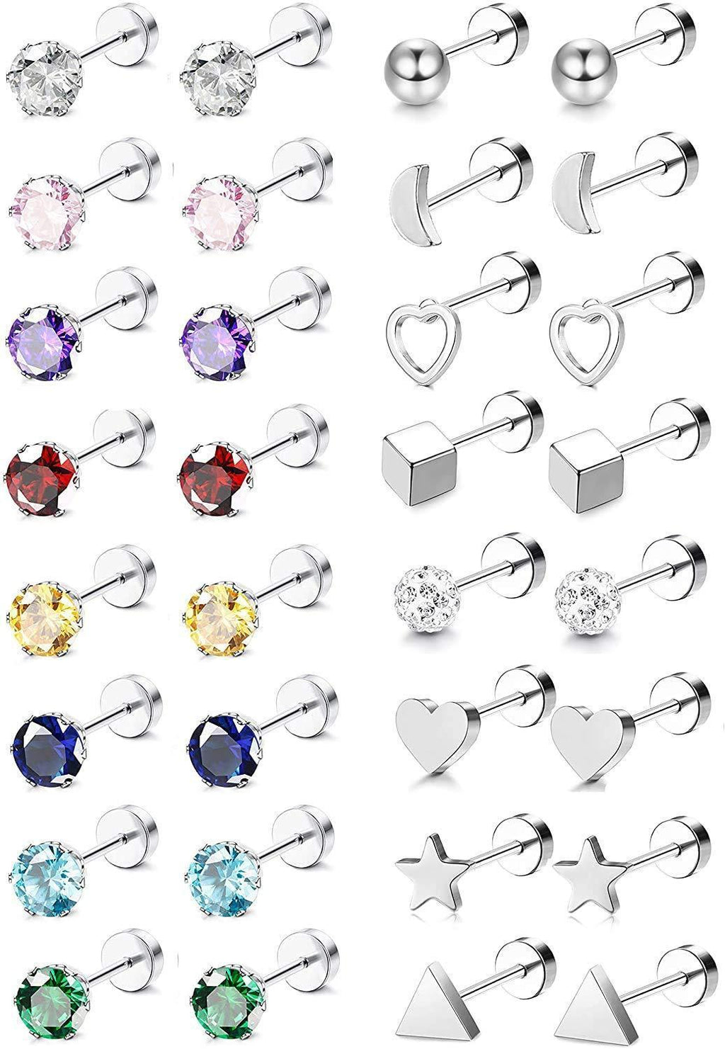 [Australia] - Milacolato16Pairs 20G Stainless Steel Cartilage Stud Earrings Set for Women Girls Men Barbell Cartilage Helix Tragus Ear Piercing CZ Screwback Earrings Set Ear Lobe Piercing Jewelry flat 