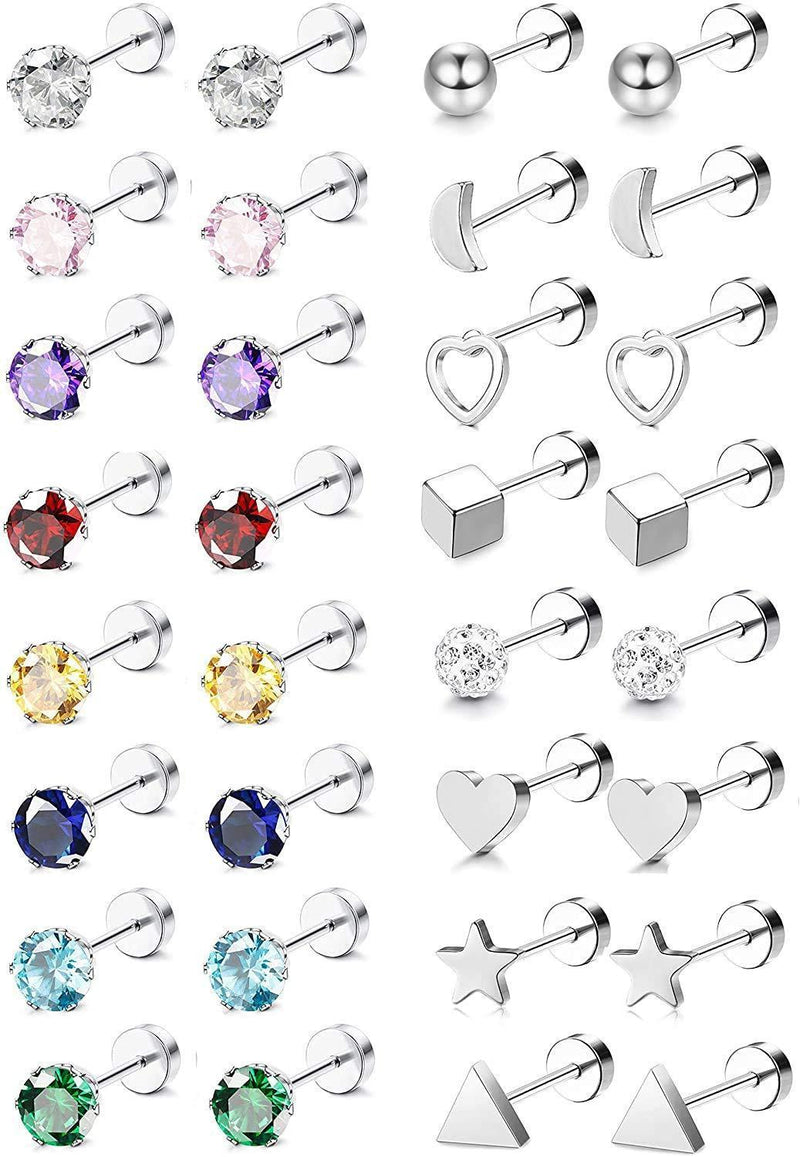 [Australia] - Milacolato16Pairs 20G Stainless Steel Cartilage Stud Earrings Set for Women Girls Men Barbell Cartilage Helix Tragus Ear Piercing CZ Screwback Earrings Set Ear Lobe Piercing Jewelry flat 