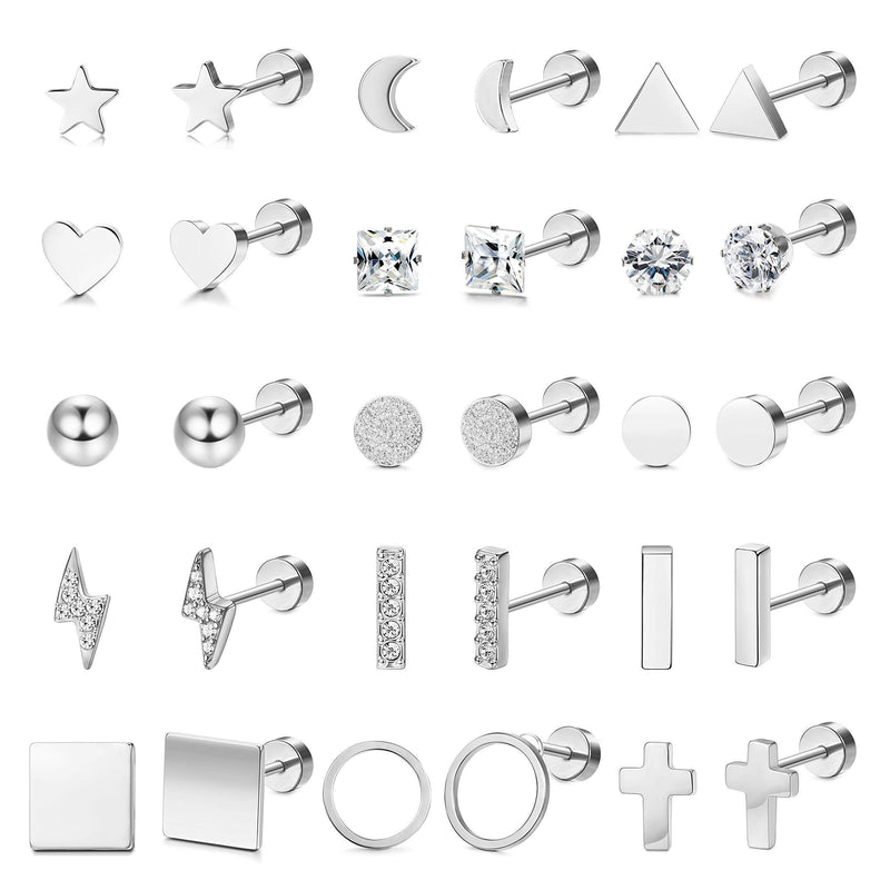 [Australia] - Milacolato 15 Pairs Tiny Cartilage Stud Earrings Star Moon Circle Bar Heart Trague Stud Earrings Set for Women Flat Back Cross CZ Earrings Stainless Steel Ear Piercing Set Silver Tone 