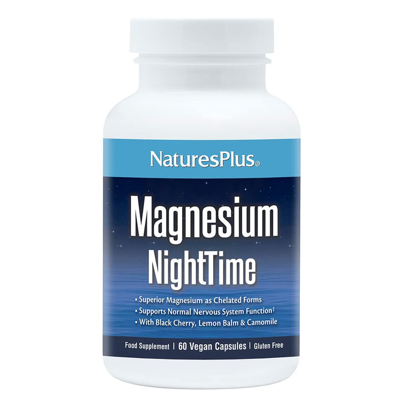 [Australia] - NaturesPlus Magnesium Nighttime - Magnesium Glycinate and Taurate Supplement with L-Theanine, Ashwagandha, Lemon Balm, B6, Hops - Vegan, Gluten Free - 60 Capsules 