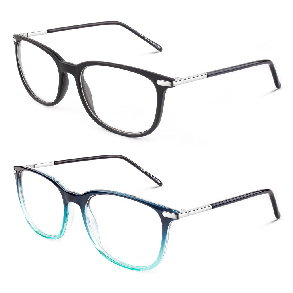 [Australia] - CGID CN79 High Fashion Metal Temple Horn Rimmed Clear Lens Eye Glasses Z 2 Pack Matte Black&blue 