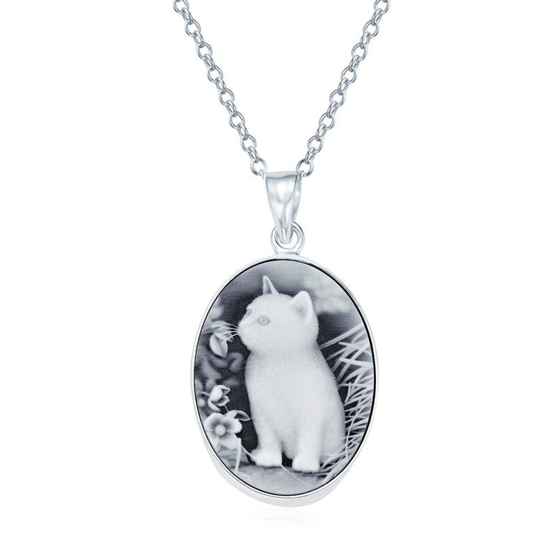 [Australia] - Personalize Vintage Antique Style Simulated Black Onyx Sitting Kitten Kitty Cat Cameo Pendant Necklace For Women Teen 925 Sterling Silver No Engraving 