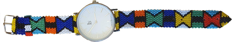 [Australia] - African Beads Strap Analog Watch - Traditional Women Men African Pattern - Quartz Moment Unisex Watches - Cute Handmade Fashion Beaded Strap - Shiny Silver Hands & Numbers Multicolour 
