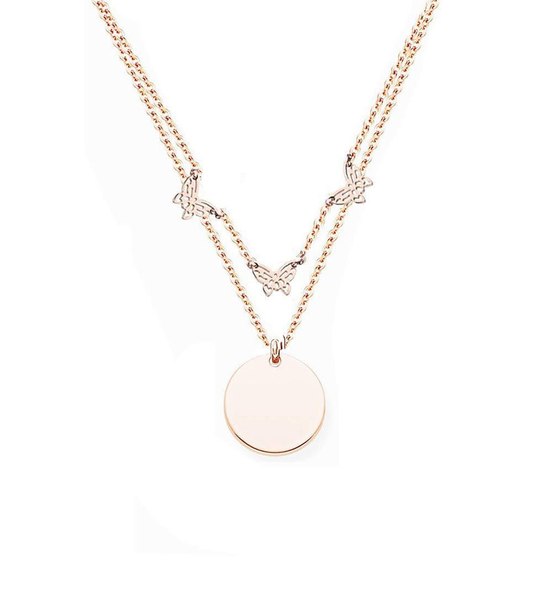 [Australia] - Baobei Women Layered Necklace Circle Pendants Rose Gold Plated Stainless Steel circle butterfly Necklace Cubic Zirconia Double Row Necklace Round Charms Minimalist Style Geometric Design Nickel Free 