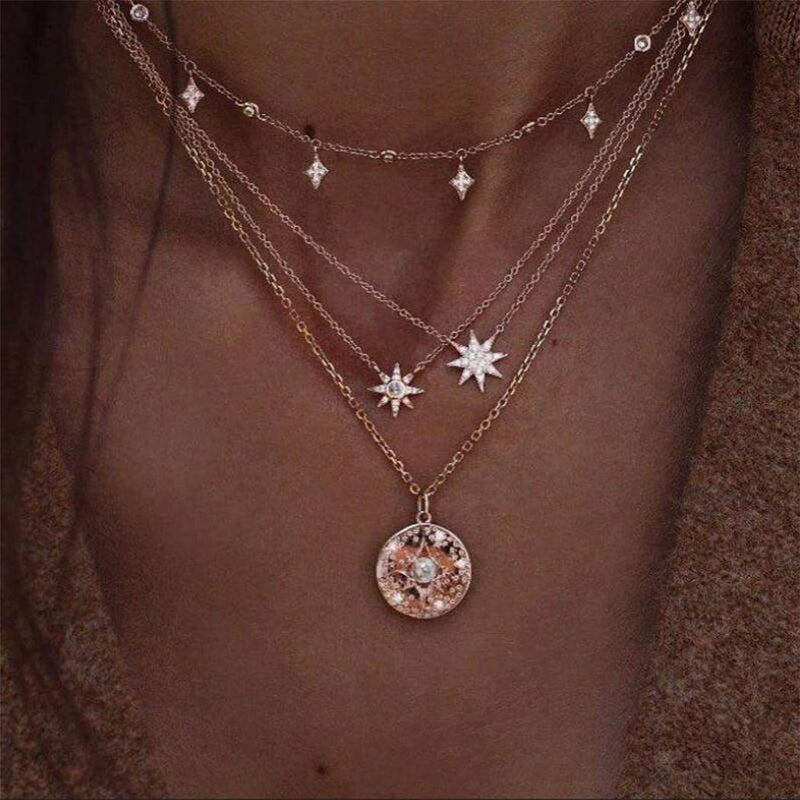 [Australia] - TseenYi Boho Layered Coin Star Necklace Full Rhinestone Northstar Pendant Necklace Choker Gold Vintage Necklace Jewelry for Women and Girls 