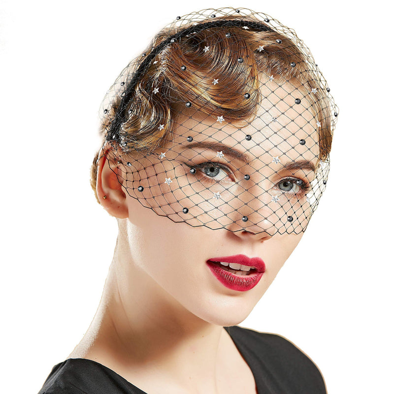 [Australia] - Coucoland Black Fascinator Mesh Veil Headband Bridal Wedding Tea Party Fascinator Veil for Women 1920s Flapper Veil Headpiece (Style-3-Black(Star Sequins)) 