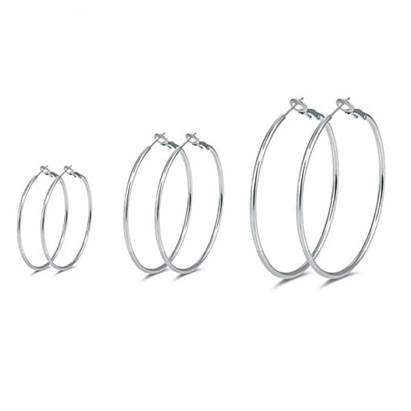 [Australia] - 3 Pairs Sterling Silver Hoop Earrings - 14k White Gold Plated Hoop Earrings Big Hoop Earrings Set Silver Hoop Earrings for Women Girls (40MM 50MM 60MM) 