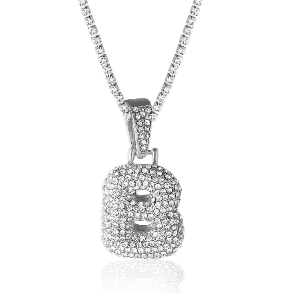 [Australia] - HALUKAKAH Gold Chain with Bubble Letter Iced Out,Initial Necklace for Men 18K Real Gold/Platinum White Gold Plated with Rope Chain 60cm/Tennis Chain 50cm/Baby Tennis Chain 50cm,Free Giftbox B Platinum Plated with 3mm Baby Tennis chain 50cm 
