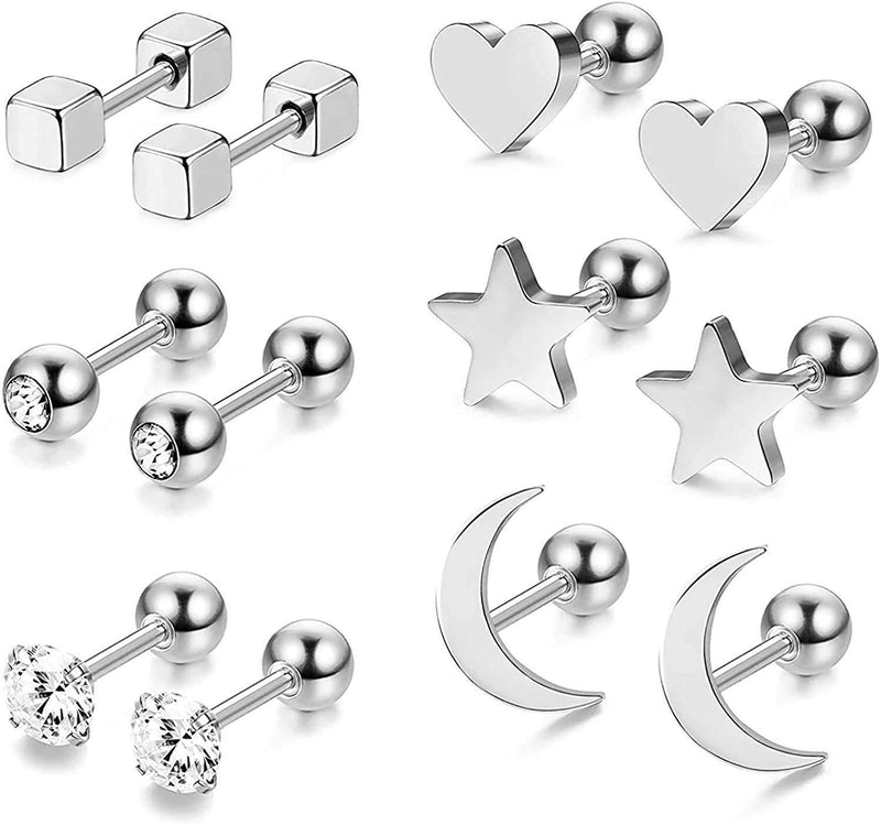 [Australia] - YUESUO 6 Pairs Stud Earrings for Women, Surgical Steel Ear Piercing Studs, Silver Stainless Steel Tragus Helix Piercing Jewelry 