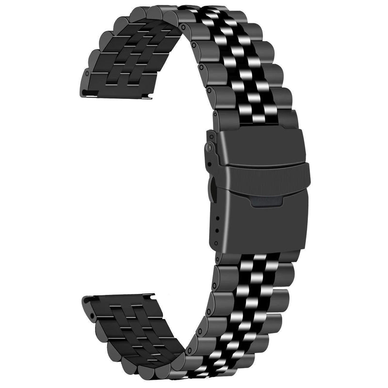 [Australia] - 20mm 22mm 24mm Watch Strap for Women Men 3D Five Rows Units Watch Bracelet Sports Replacement Band Metal Flip Over Clasp Black Silver 