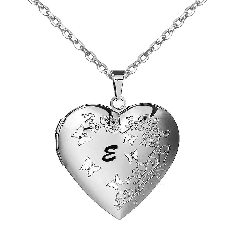 [Australia] - AMATOLOVE Heart Butterfly Locket Necklace for Pictures Women Girls Initial Letter A-Z Photo Lockets Necklaces E 