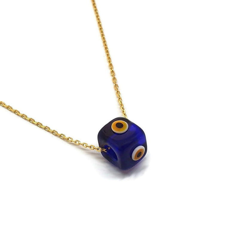 [Australia] - MYSTIC JEWELS by Dalia – Blue Crystal Cube Eye Necklace for Good Luck – 925 Sterling Silver Chain with Gold Plated Navy Blue 