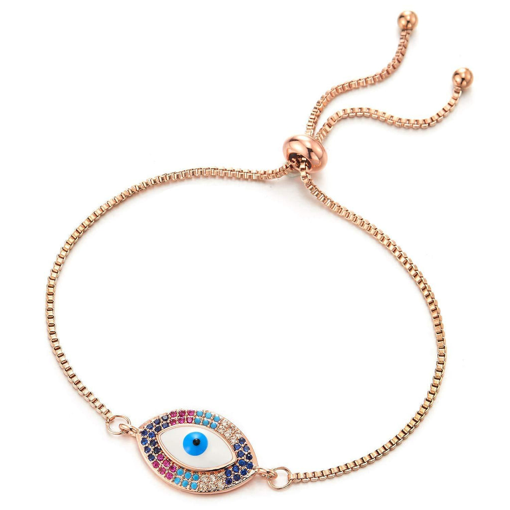 [Australia] - COOLSTEELANDBEYOND Womens Rose Gold Steel Box Link Chain Bracelet with Colorful CZ Protection Evil Eye, Adjustable 