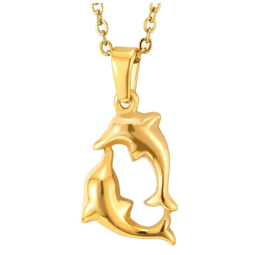 [Australia] - COOLSTEELANDBEYOND Womens Steel Gold Color Two Dolphins Playing Circle Pendant Necklace with 20 inches Rope Chain 
