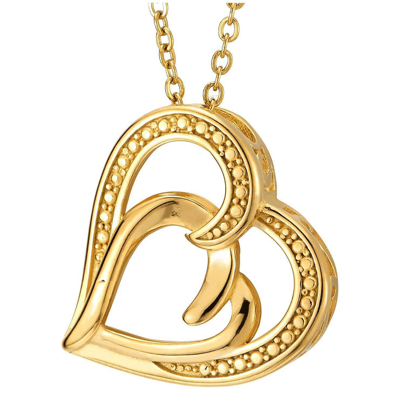 [Australia] - COOLSTEELANDBEYOND Steel Gold Color Two Interlocking Dotted Hearts Pendant Necklace Love, 20 inches Rope Chain 