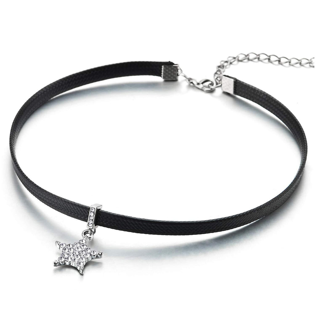 [Australia] - COOLSTEELANDBEYOND Ladies Black Braided Leather Choker Necklace with Dangling Cubic Zirconia Pave Star Charm Pendant 
