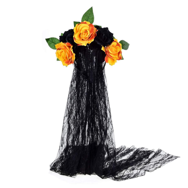 [Australia] - Day of the Dead Headpiece Rose Floral Crown Halloween Costume Mexican Headband with Veil (Green Leaf Black and Orange Rose Flower) Green Leaf Black and Orange Rose Flower 