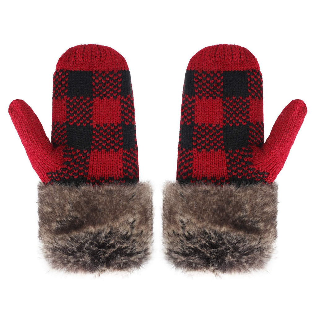 [Australia] - ZLYC Women Winter Knit Warm Gloves Fashion Faux Fur Mittens Plaid Red 
