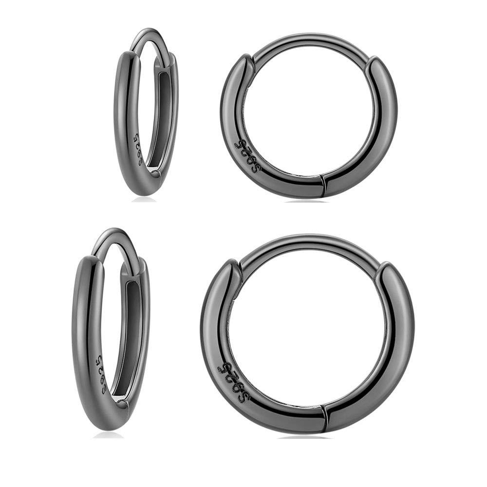 [Australia] - 2 Pairs 925 Sterling Silver Small Huggie Hinged Hoop Earrings for Women Men Hypoallergenic Cartilage Ear cuff Set Silver/Gold/Black 10mm 12mm… Black 