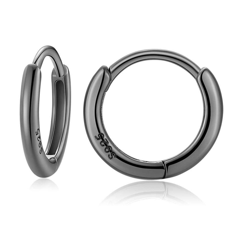 [Australia] - 925 Sterling Silver Small Hoop Earrings for Women Men Girls 12mm Round Circle Sleeper Huggie Hinged Cartilage Hoops Earrings, Silver/Gold/Black Black Tone 