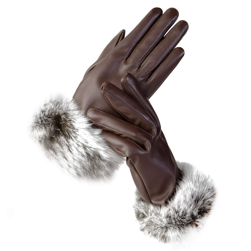 [Australia] - AXELENS Women's Gloves Touch Screen in Eco Leather Elegant Fleece Interior with Soft Eco Fur Cuff Winter Brown 