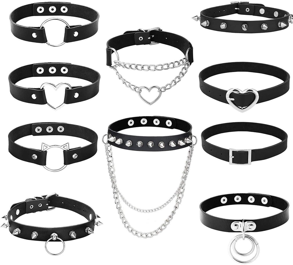 [Australia] - ADRAMATA 10Pcs Black Leather Chokers Gothic Punk PU Necklace Fancy Dress Rock Spiked Adjustable Collar Necklaces for Women 