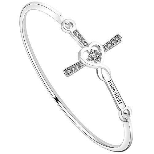 [Australia] - Christian Jewelry Cross Charm Bracelet Bible Verse Isaiah 40:31 Inscription Crystal Cross Bangle Bracelet Faith Jewelry Religious Gift for Women Girls Silver 
