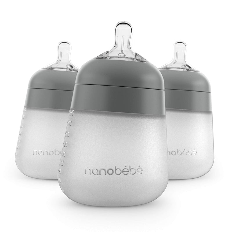 [Australia] - Nanobebe Flexy Silicone Baby Bottles, Anti-Colic, Natural Feel, Non-Collapsing Nipple, Non-Tip Stable Base, Easy to Clean, 3-Pack, Gray, 270ml 3 Count (Pack of 1) Grey 