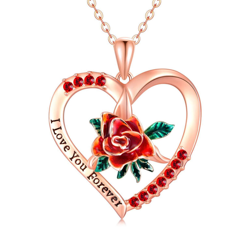 [Australia] - Sterling Silver "I Love You Forever" Heart Rose Flower Necklace with Birthstone Crystals, Wedding Anniversary Birthday Jewellery Gifts for Her Women Wife Girlfriend Mum Rose Gold 