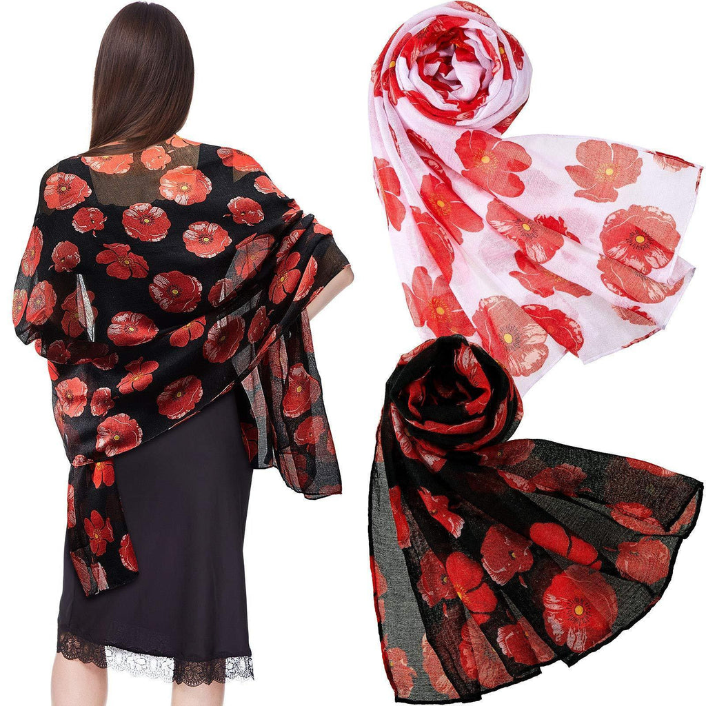 [Australia] - 2 Pieces Poppy Print Floral Scarf Red Poppy Scarf Stylish Wrap Shawl Scarf for Women Ladies Winter Christmas New Year, Black, White 