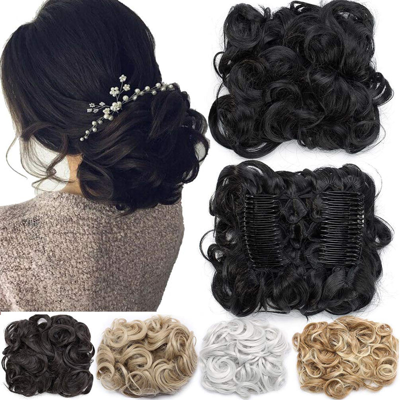 [Australia] - Short Messy Curly Dish Hair Bun Extension Easy Stretch hair Combs Clip in Ponytail Extension Scrunchie Chignon Tray Ponytail Hairpieces Black Black-#1 
