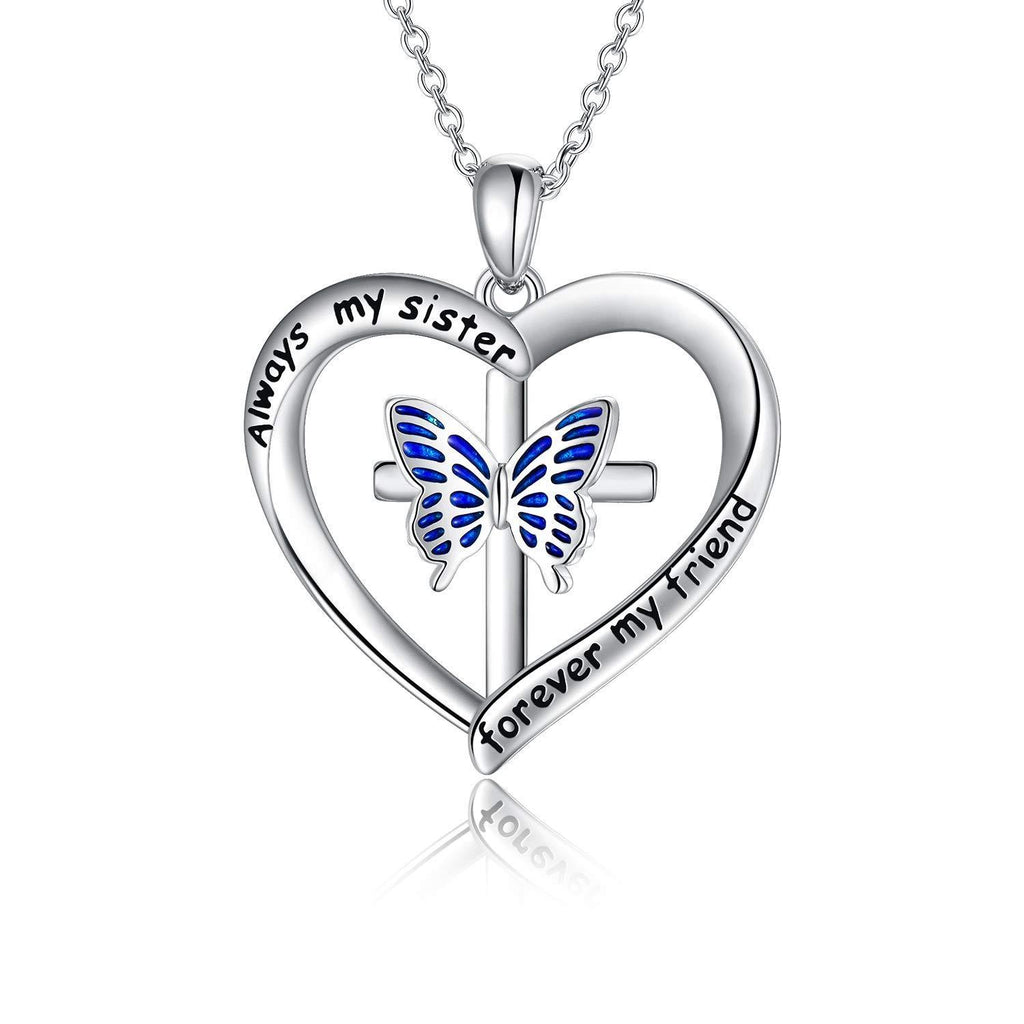 [Australia] - PEIMKO Sister Necklace S925 Sterling Silver Butterfly Pendant White Plated Girl Cross Necklace Engraved" Always my sister forever my friend",Sister Jewellery Gifts For Women Girls 