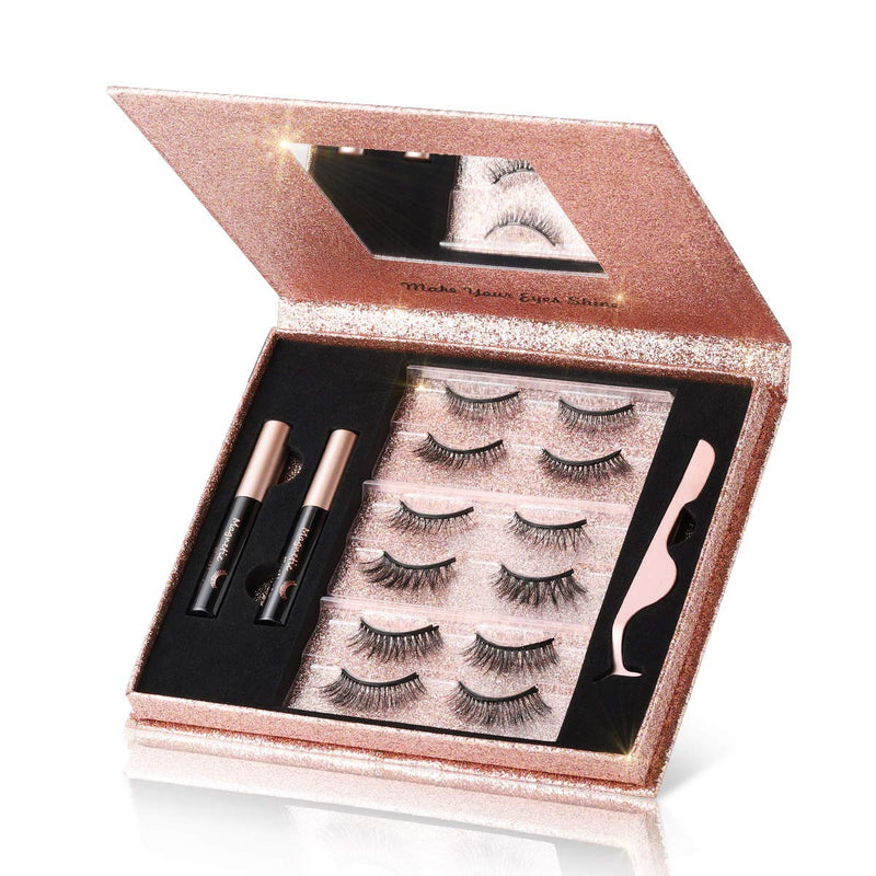[Australia] - Magnetic Eyelashes with Eyeliner Kit, AoGer 6 Pairs 3D Natural Look False Magnetic Eyelashes, 2 Tubes Long Lasting Magnetic Eyeliner 10mL, Mirror Box with Professional Tweezers -No Glue Needed 6 Pairs Magnetic Eyelashes 