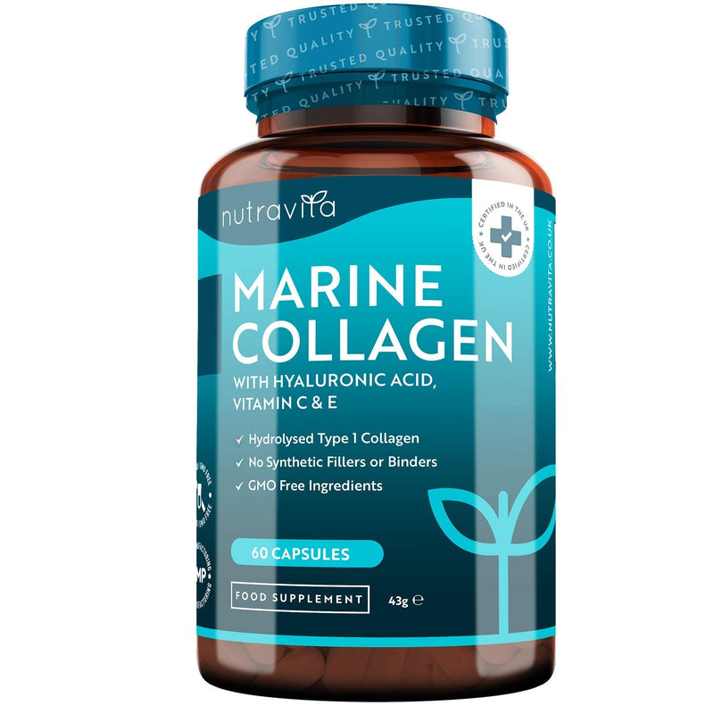 [Australia] - Marine Collagen 1000mg - 60 Capsules of Superior Type 1 Hydrolysed Collagen - Enhanced with Hyaluronic Acid, Vitamin C, Vitamin E, Vitamin B2, Zinc, Copper and Iodine - Made in The UK by Nutravita 60 Count (Pack of 1) 