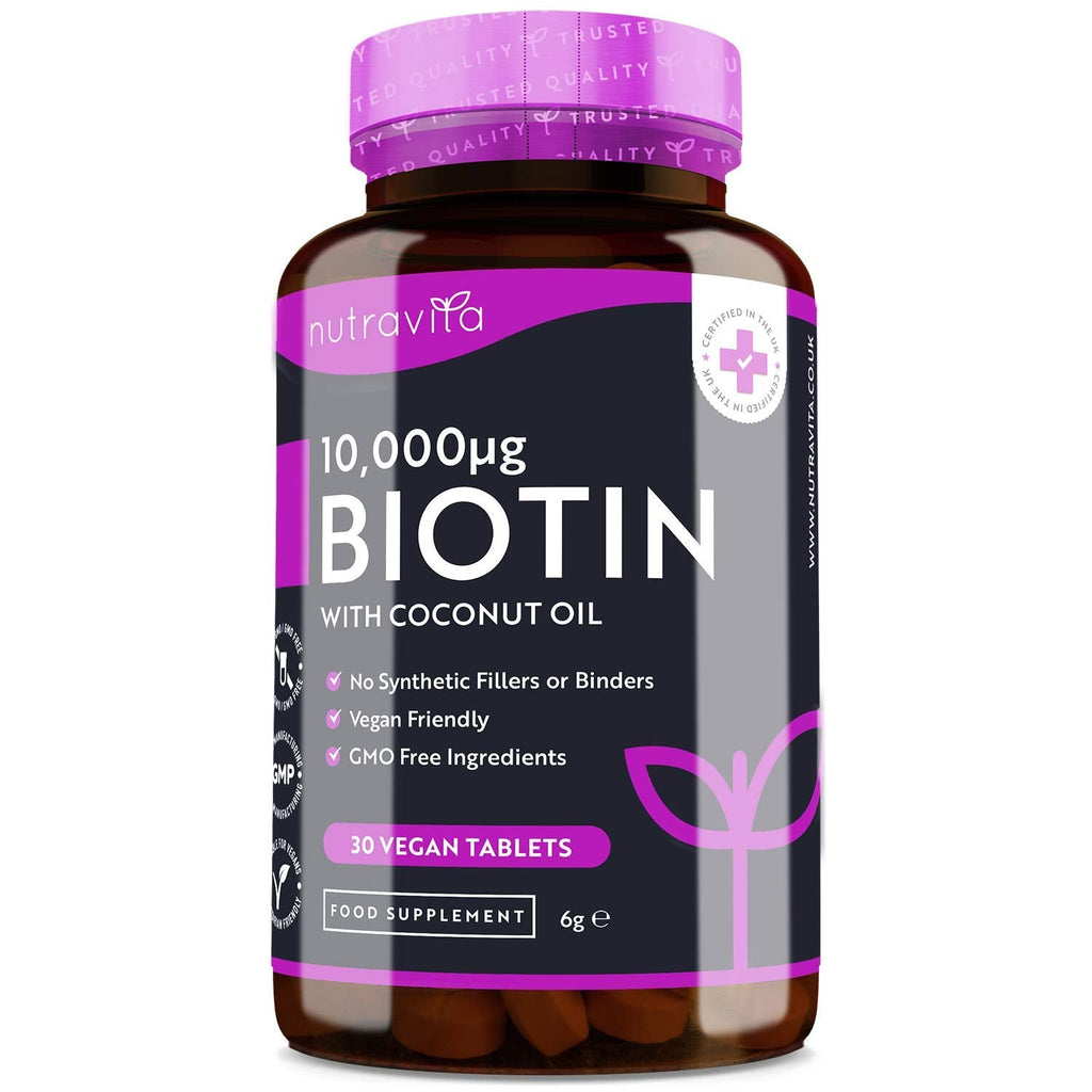[Australia] - Biotin Hair Growth Supplement 10,000mcg - Vegan High Strength Biotin Tablets for Hair - One Month Supply Enhanced with Coconut Oil - Supports Normal Skin and Hair Growth - Made in The UK by Nutravita 30 Tablets 