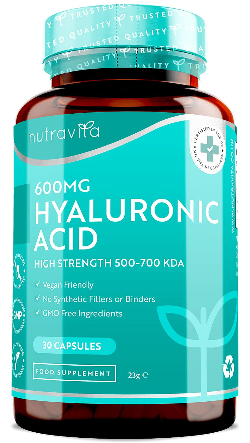 [Australia] - Hyaluronic Acid Capsules - One Month Supply of 600mg Hyaluronic Acid Capsules - High Dose with 500-700 KDA - GMO Free with No Synthetic Fillers or Binders - Made in The UK by Nutravita 30 Capsules 