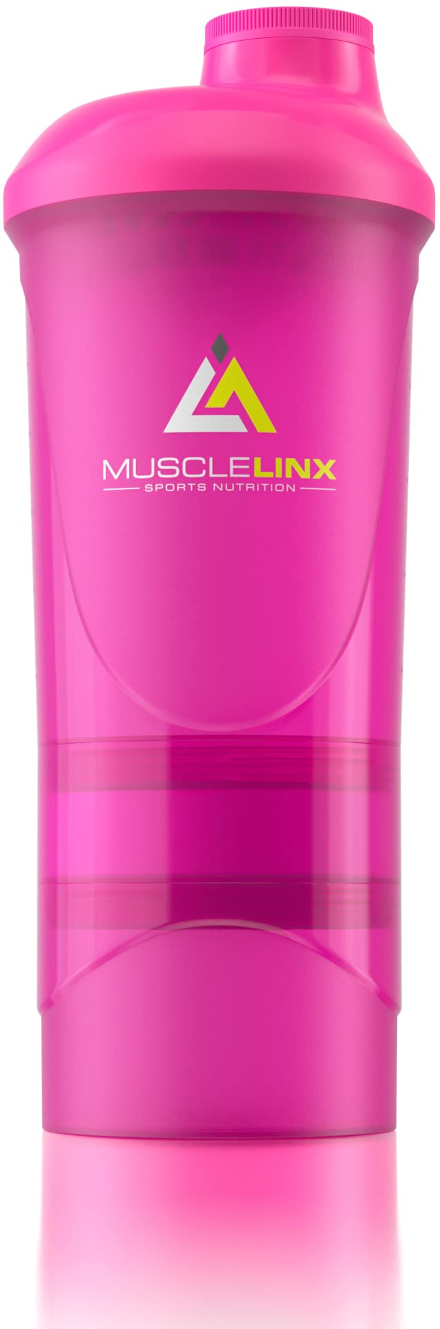 [Australia] - Pink Protein Shaker Plus Storage Screw top 100% Leak Proof Drinks Bottle 500ml to 700ml by Musclelinx Pink Transparent Plus Storage 
