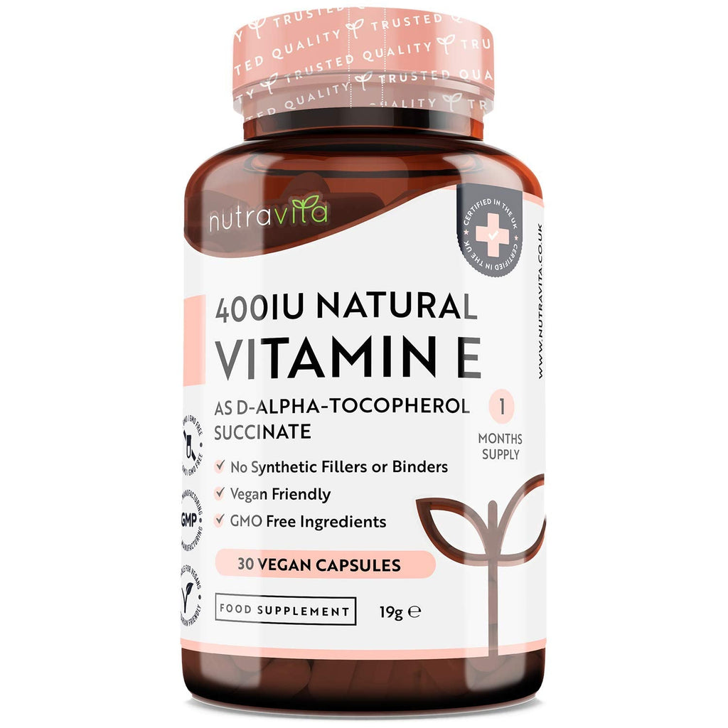 [Australia] - Vitamin E 400IU D-Alpha Tocopherol – 100% Natural Vitamin E – 30 Vegan Capsules – Highly Absorbable – 1 Month Supply – Protects Cells from Oxidative Stress – Made in The UK by Nutravita 30 Count (Pack of 1) 