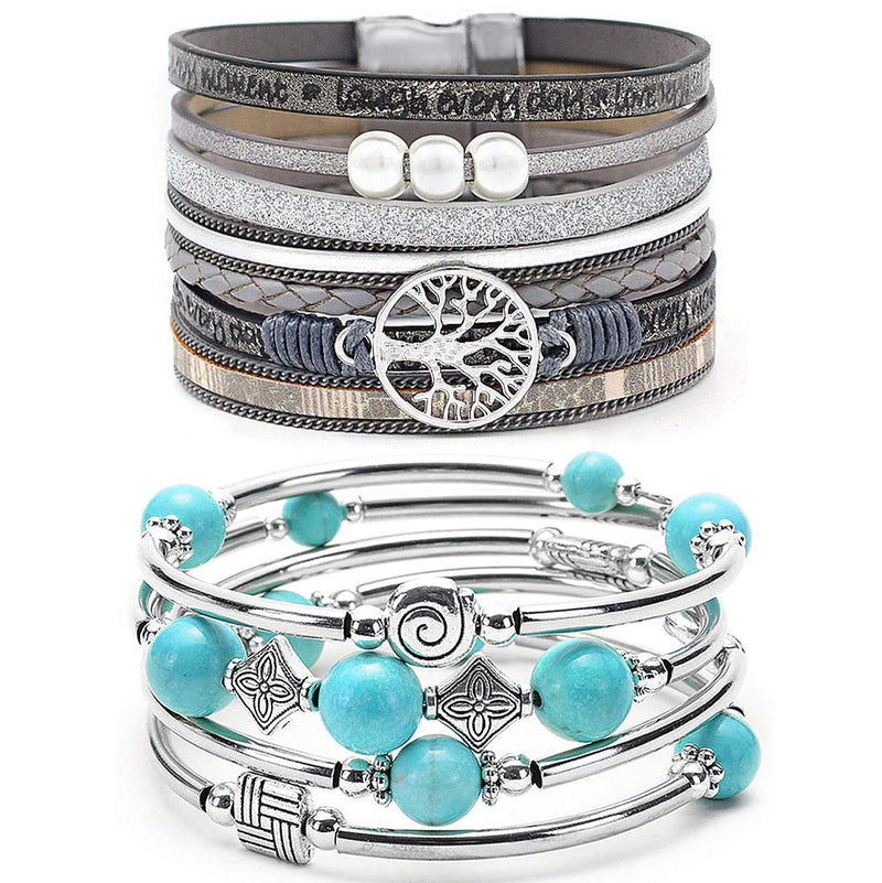 [Australia] - YooAi 2 Pieces Wrap Bracelet Multilayer Leather Bracelet Bohemian Beaded Tree of Life Bracelets Jewelry for Women Turquoise Grey 