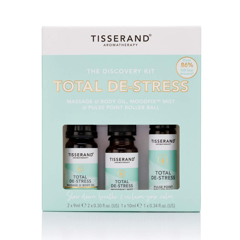 [Australia] - Tisserand Aromatherapy - Total De-Stress Discovery Kit - Roller Ball, Massage & Body Oil & MoodFix Mist - 100% Natural Pure Essential Oils - 2x9ml, 1x10ml 