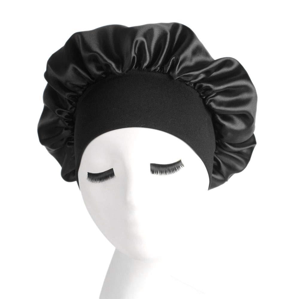 [Australia] - Women’s Wide Band Satin Silk Bonnet Sleep Cap Ladies’ Soft Night Bonnet Cap Elastic Night Sleeping Head Cover Comfortable Hair Care Headwrap Hair Loss Night Sleep Hat Chemo Beauty Cap Hair Accessories Black 