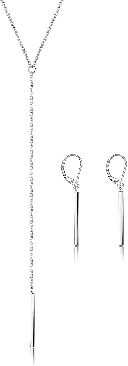 [Australia] - MILACOLATO Bar Necklace Earrings for Women Stainless Steel Stick Drop Y Lariat Necklace Leverback Dangle Earrings Minimalist Jewelry Set Silver Tone 