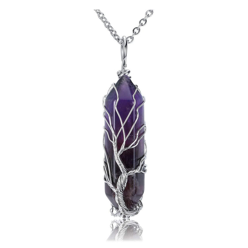 [Australia] - JSDDE Natural Crystal Stone Necklace Tree of Life Silver Wrapped Quartz Gemstone Pendant Necklaces Jewelry for Women Amethyst 