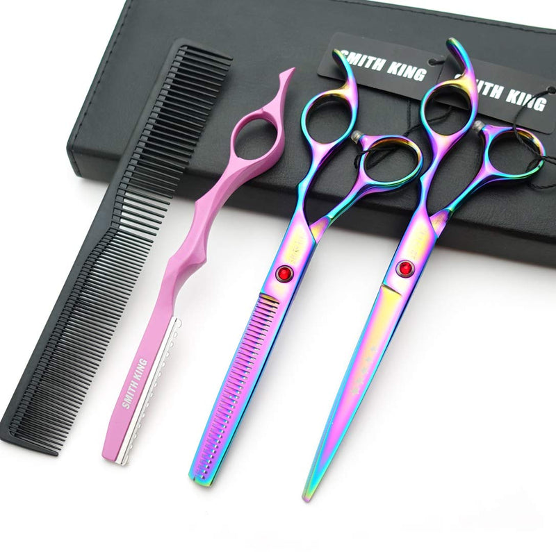 [Australia] - 7.0 inch hair scissors set Hair cutting scissors & thinning scissors with razor combs in 1 set (Rainbow) 