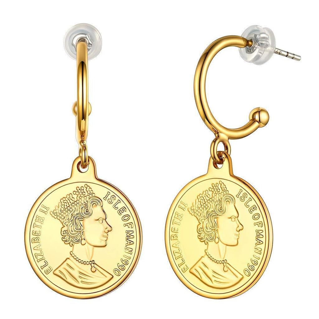 [Australia] - Butterfly/Queen Coin/Heart Locket Hoop Earrings Lightweight Hypoallergenic 18K Gold Plated Jewellery Dangle Earring For Women Lady Girls (With Gift Box, Customizable) 02. Queen Coin 