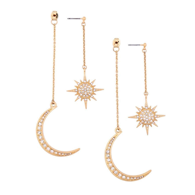 [Australia] - ZBOMR Bohemian Moon Star Asymmetrical Dangle Hoop Earrings Crystal Moon and Sun Drop Stud Long Earrings Retro Exquisite Punk Style Accessories Jewelry for Women Girls Gold 