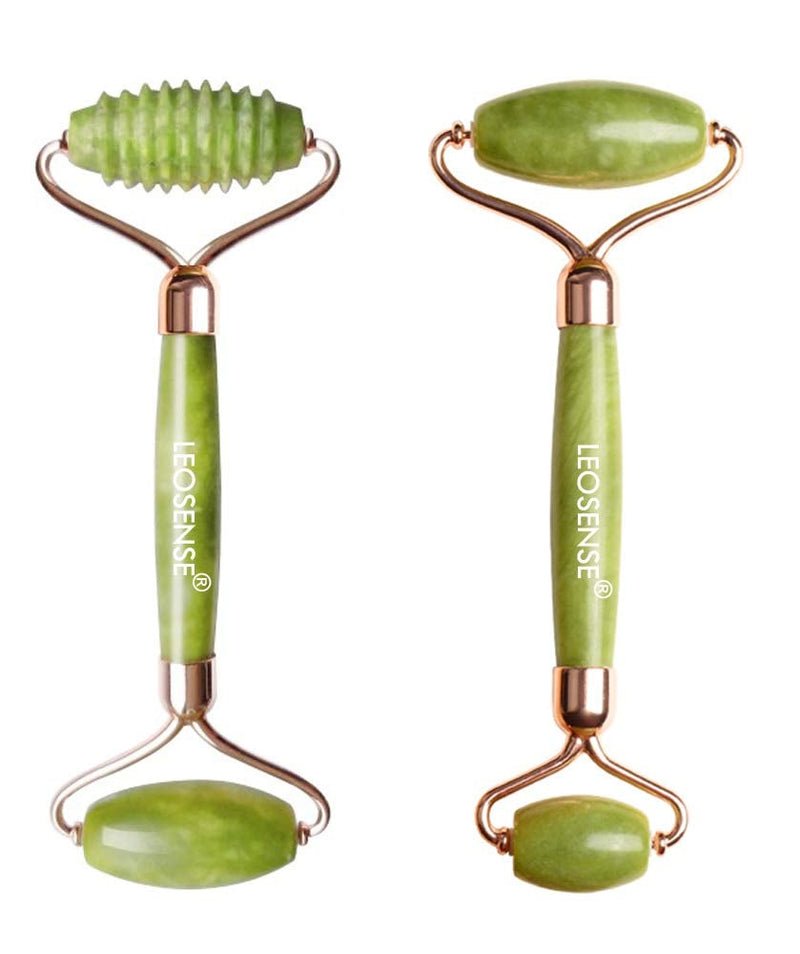 [Australia] - Leosense Premium 2 Pieces Medium Green Jade Facial Massage Beauty Rollers Set for Skin Rejuvenation,Wrinkles Removing,Dark Circles, 100% Natural Authentic Healing Jade Stone Face Cold Roller (E-Book) 