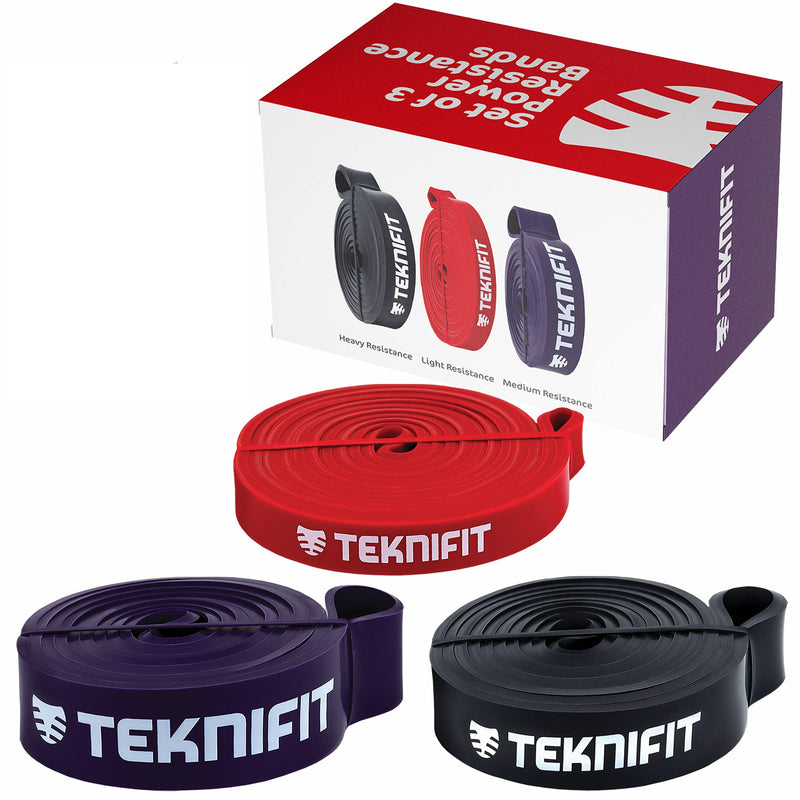 [Australia] - Teknifit Set of 3 Pull Up Resistance Bands - Full Body Workout and Home Fitness Solution - Red, Black & Purple Power Bands 