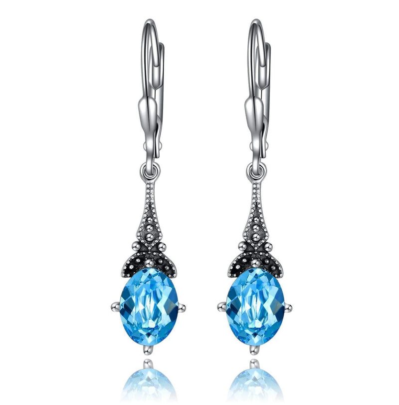 [Australia] - Vintage Drop Earrings 925 Sterling Silver Earrings with Aquamarine Crystal, Art Nouveau Style 