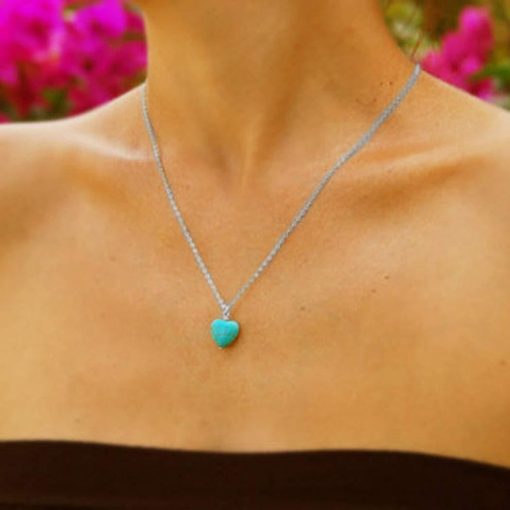 [Australia] - TseenYi Boho Turquoise Pendant Necklace Silver Tiny Heart Love Chain Necklaces Turquoise Long Drop Necklace Chain Jewelry for Women and Girls (Silver) 